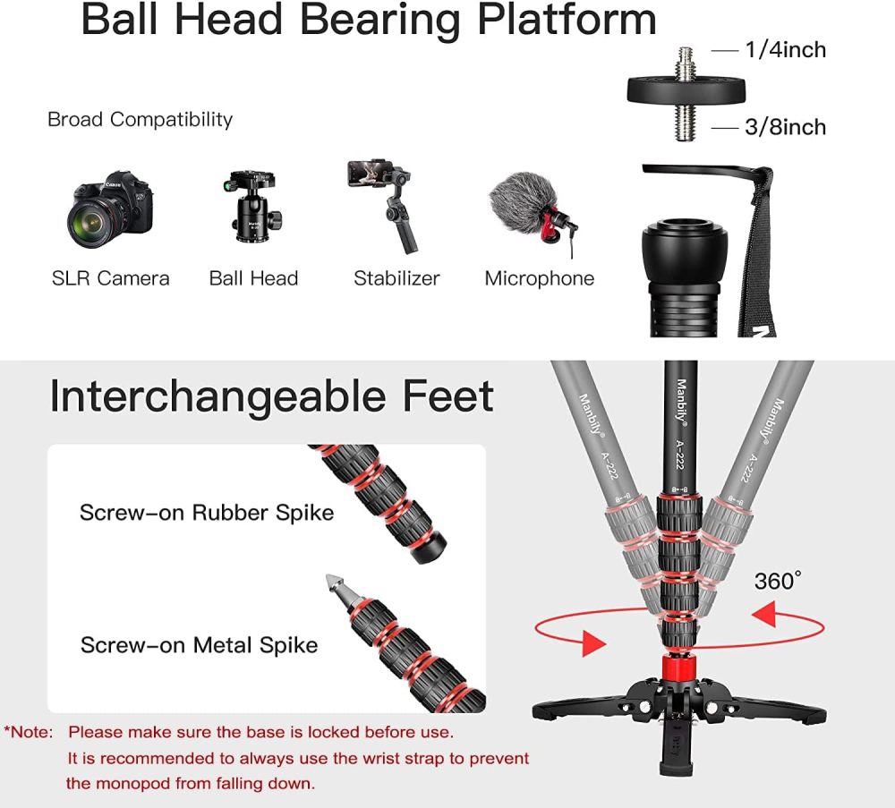 Manbily Extendable Camera Aluminum Monopod with Feet,Portable Travel Monopod with Removable Tripod Stand Base for DSLR Canon Nikon Sony Video Camcorder,5 Sections up to 67-in,Max Load 15.5 Lbs（A-222）