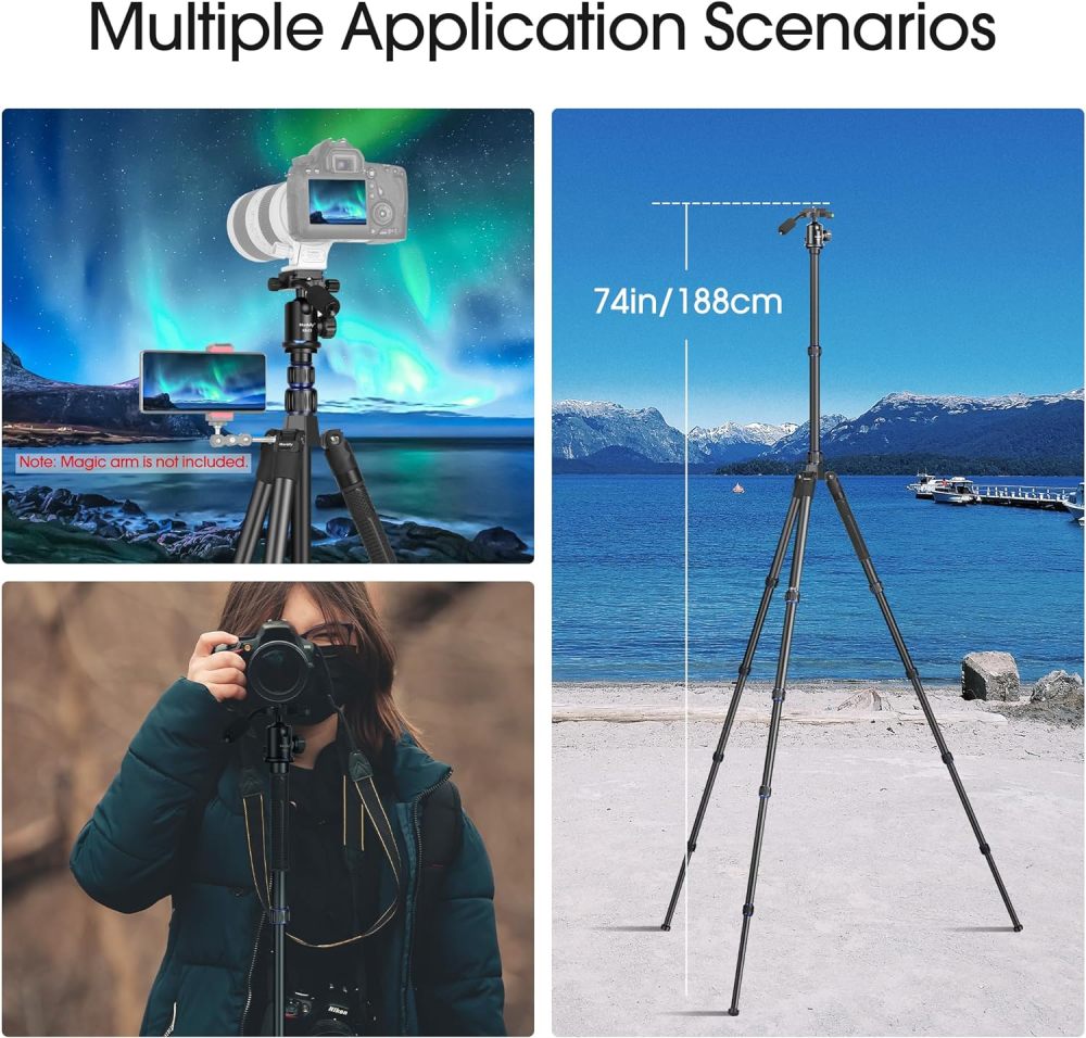 Camera Tripod, Manbily 74" Aluminum Travel Tripod Monopod Stand for Camera DSLR Phone, 360° Ball Head w Handle and Extra 1/4" QR Plate, Payload 17.6lbs, Compatible with Canon Nikon Sony