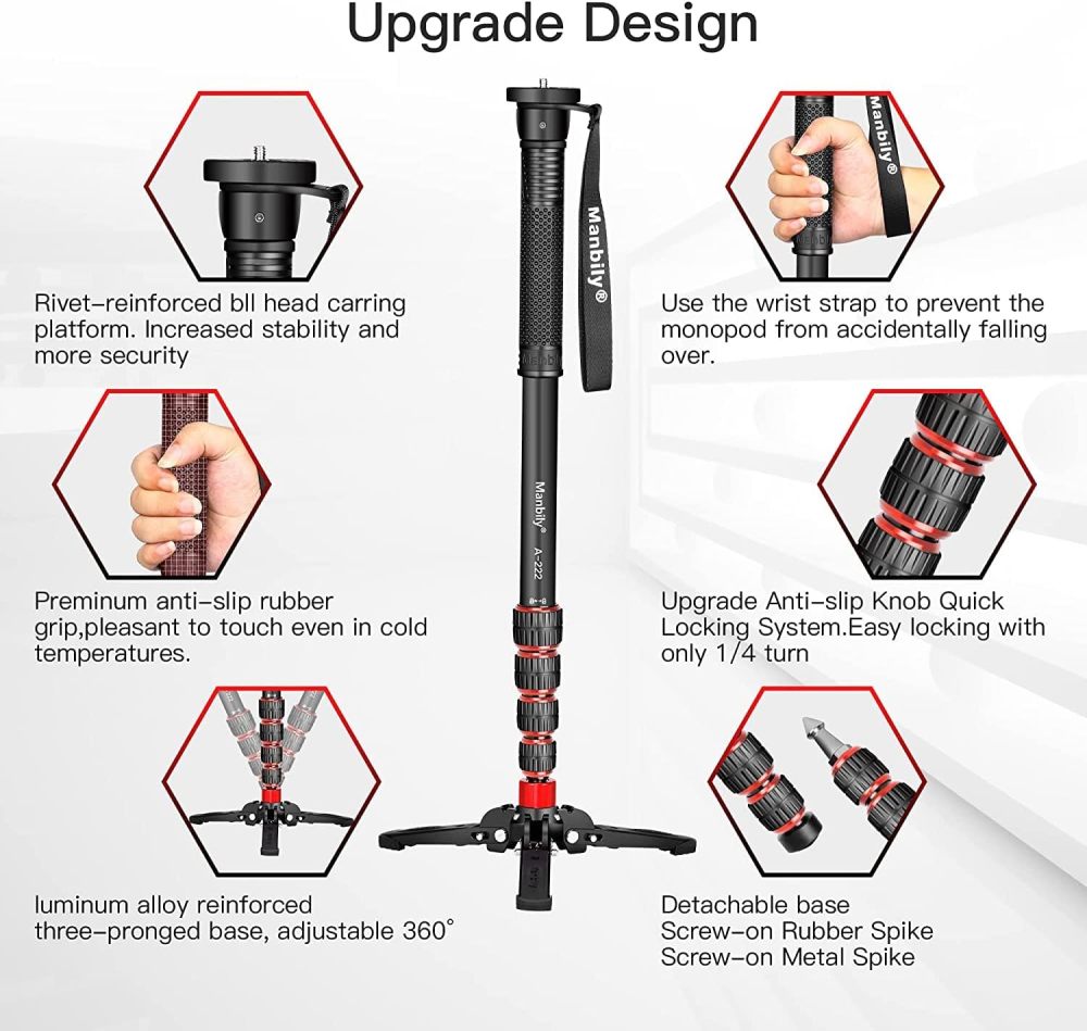 Manbily Extendable Camera Aluminum Monopod with Feet,Portable Travel Monopod with Removable Tripod Stand Base for DSLR Canon Nikon Sony Video Camcorder,5 Sections up to 67-in,Max Load 15.5 Lbs（A-222）