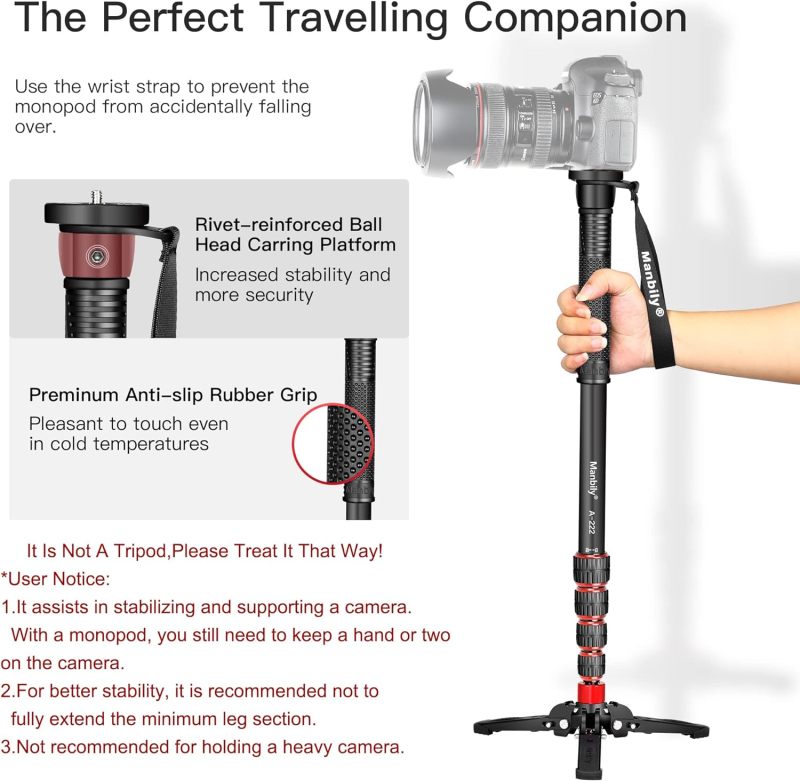 Manbily Extendable Camera Aluminum Monopod with Feet,Portable Travel Monopod with Removable Tripod Stand Base for DSLR Canon Nikon Sony Video Camcorder,5 Sections up to 67-in,Max Load 15.5 Lbs（A-222）