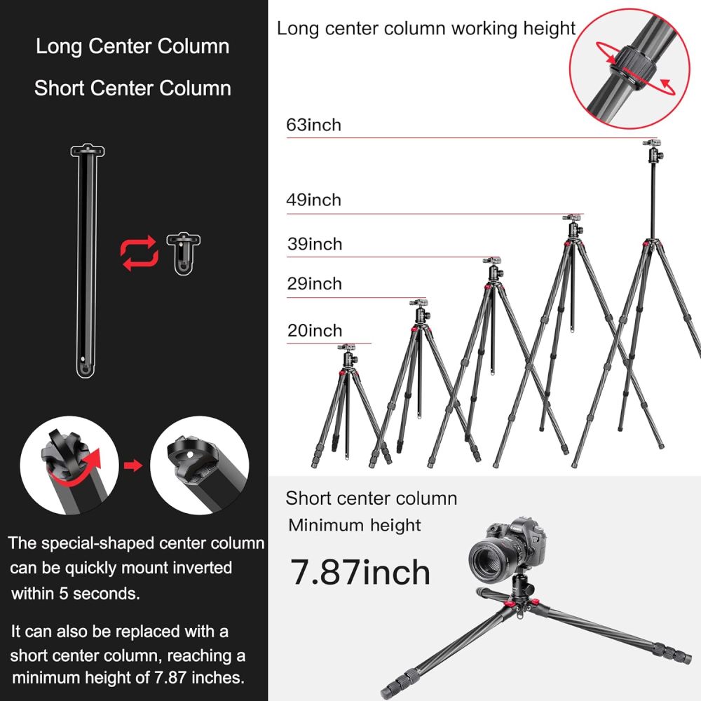 Manbily 63" Carbon Fiber DSLR Camera Tripod Monopod Kit,Compact and Lightweight,360-degree Panoramic Ball Head Quick Release Plate,5 Seconds Quickly Invert The Center Column,for Travel Work(YS-254C)
