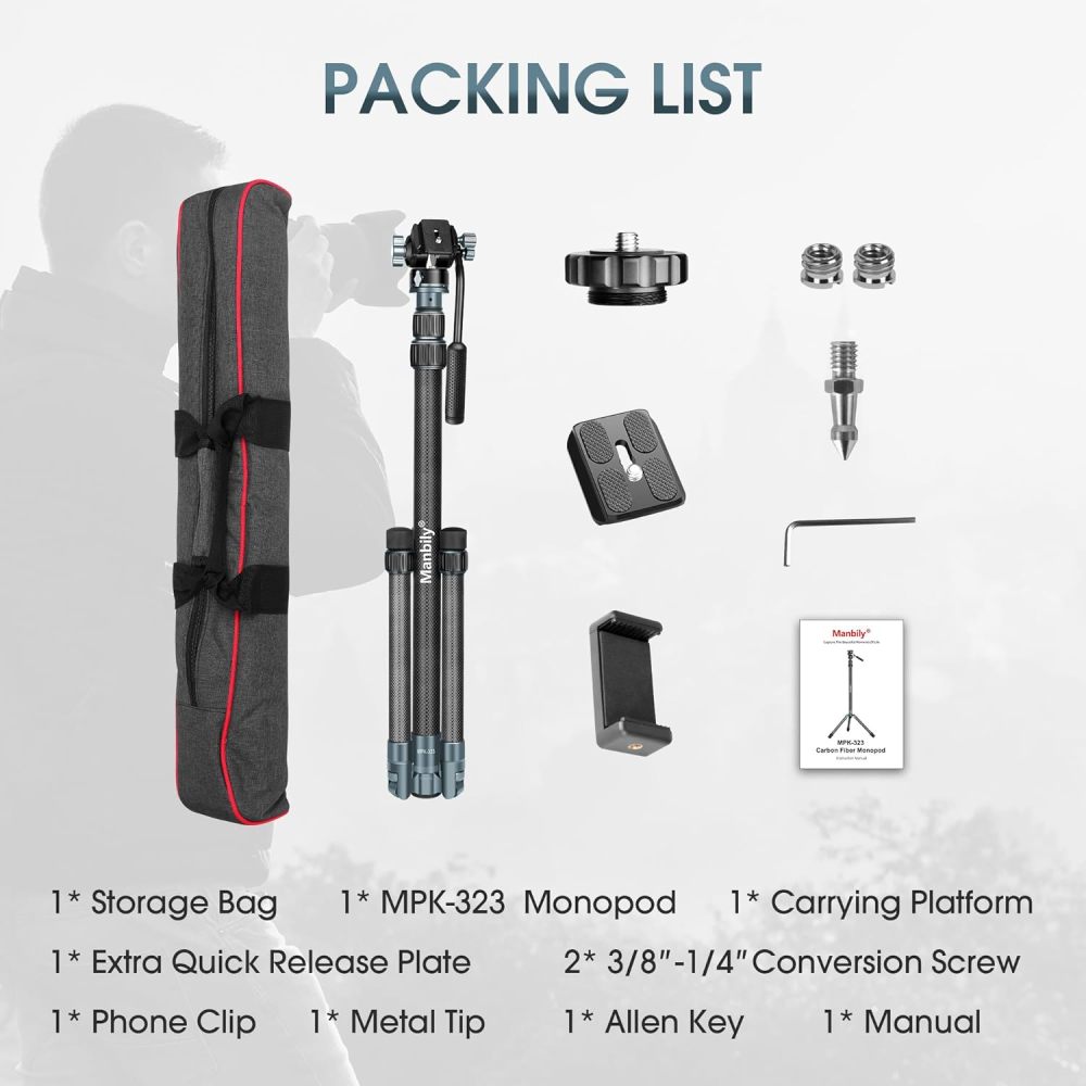 Manbily MPK-323 Carbon Fiber Camera Monopod with Feet, 74" Professional Monopod with Pan Tilt Fluid Head and Removable Tripod Base for DSLR Camera, Φ32mm Tube, Max Load 44lb/20kg