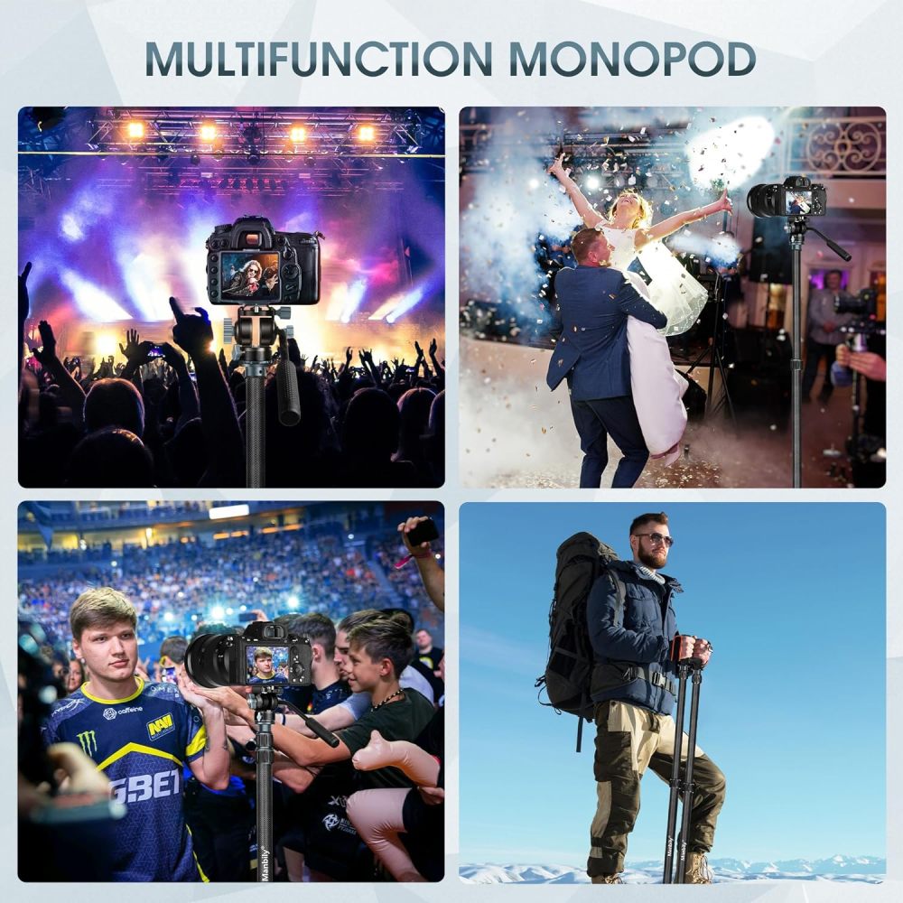 Manbily MPK-323 Carbon Fiber Camera Monopod with Feet, 74" Professional Monopod with Pan Tilt Fluid Head and Removable Tripod Base for DSLR Camera, Φ32mm Tube, Max Load 44lb/20kg