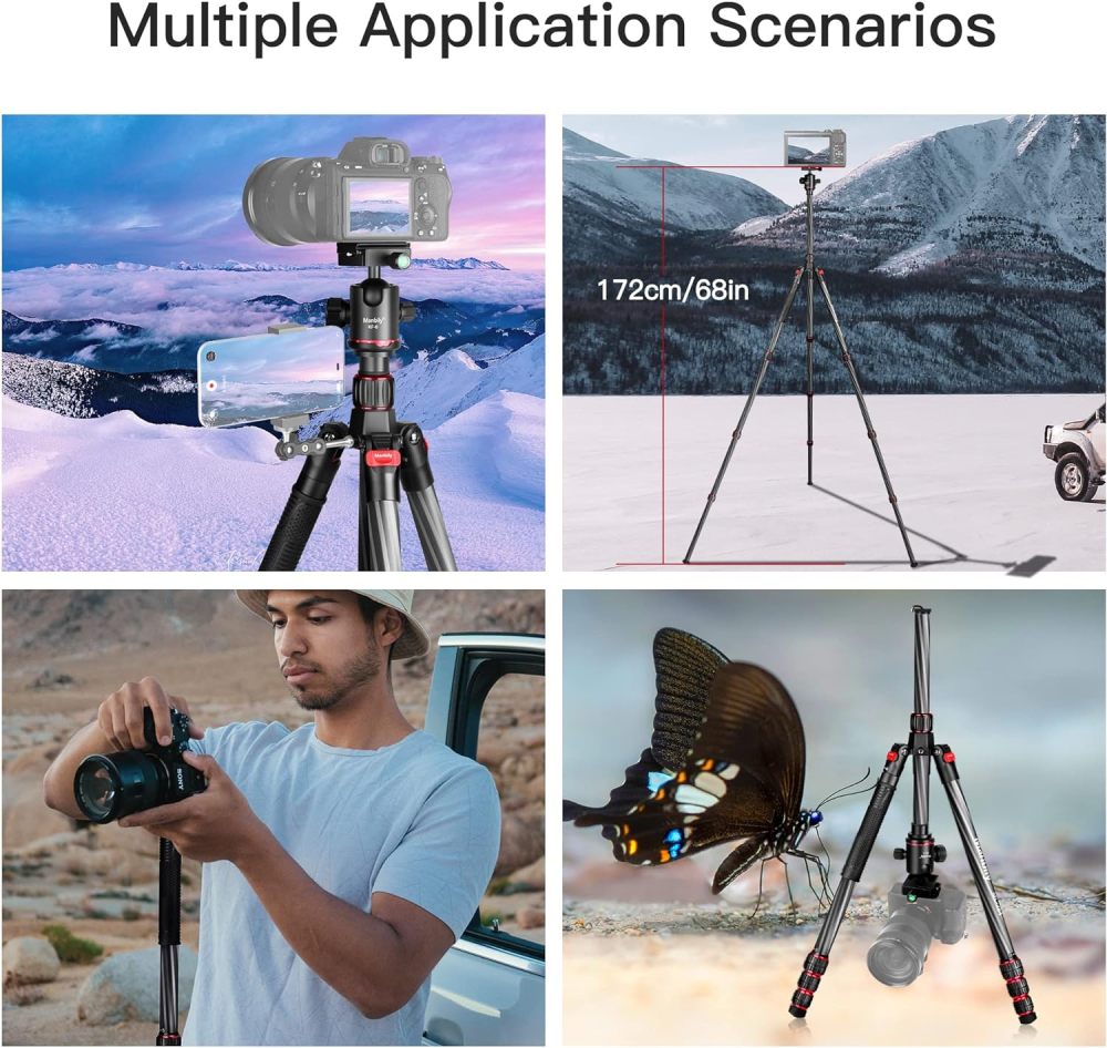 Manbily 68 Inches Carbon Fiber Camera Tripod Monopod with 360 Degree Ball Head， Travel Tripod with Quick Release Plate and Bag for DSLR Camera Video Camcorder (MC-284)