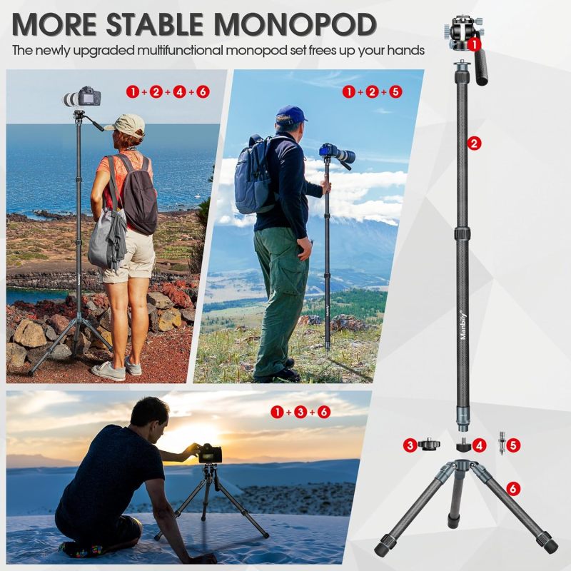 Manbily MPK-323 Carbon Fiber Camera Monopod with Feet, 74" Professional Monopod with Pan Tilt Fluid Head and Removable Tripod Base for DSLR Camera, Φ32mm Tube, Max Load 44lb/20kg
