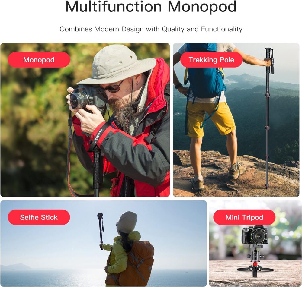 Manbily Extendable Camera Aluminum Monopod with Feet,Portable Travel Monopod with Removable Tripod Stand Base for DSLR Canon Nikon Sony Video Camcorder,5 Sections up to 67-in,Max Load 15.5 Lbs（A-222）