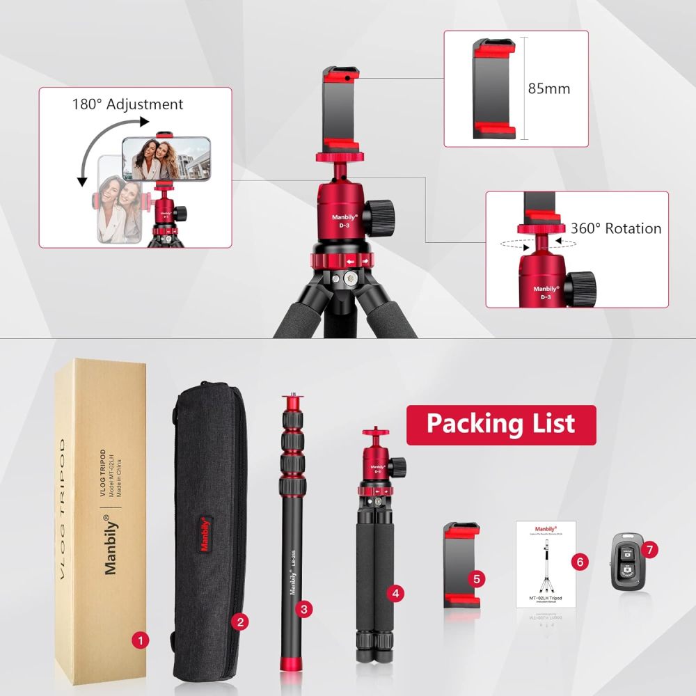 Manbily Cell Phone Camera Selfie Stick Tripod Monopod with Wireless Remote, Extendable Travel Tripod Aluminum Extension Rod Ball Head Phone Holder Carry Bag,Projector Tripod,for Video Vlogging Live