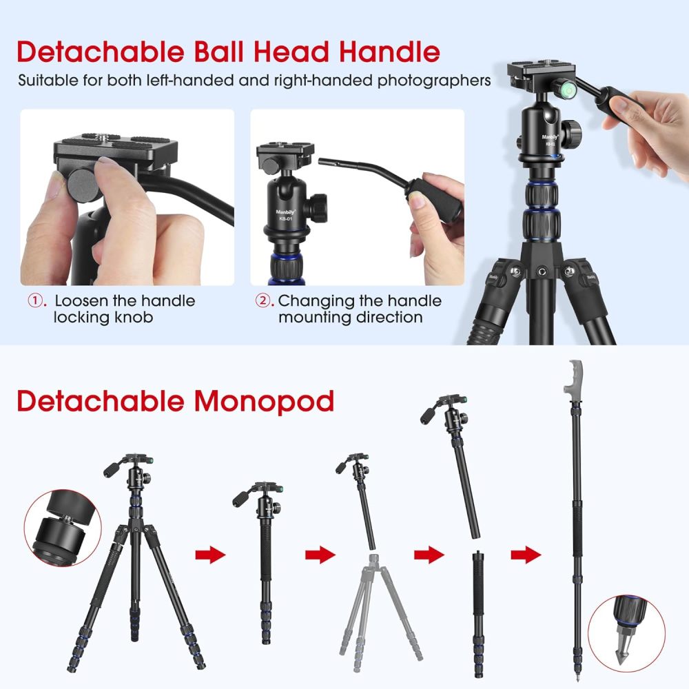 Camera Tripod, Manbily 74" Aluminum Travel Tripod Monopod Stand for Camera DSLR Phone, 360° Ball Head w Handle and Extra 1/4" QR Plate, Payload 17.6lbs, Compatible with Canon Nikon Sony