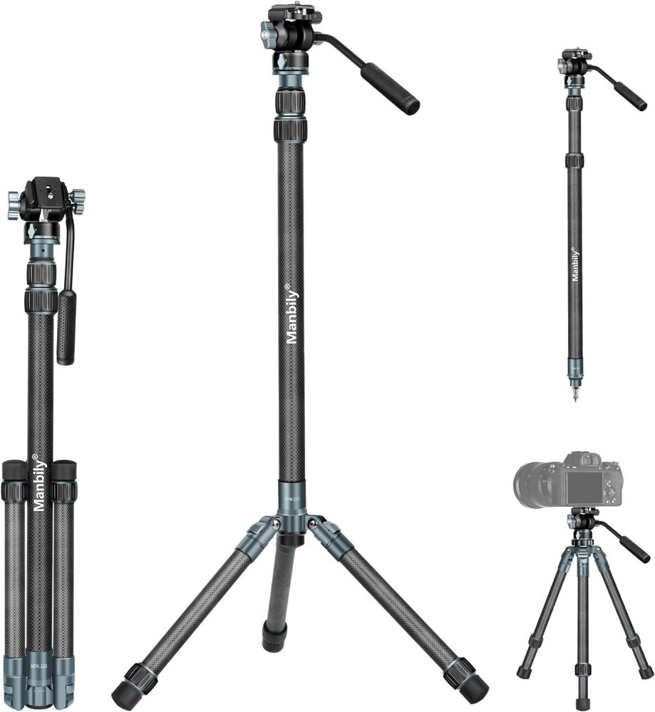 Manbily MPK-323 Carbon Fiber Camera Monopod with Feet, 74" Professional Monopod with Pan Tilt Fluid Head and Removable Tripod Base for DSLR Camera, Φ32mm Tube, Max Load 44lb/20kg