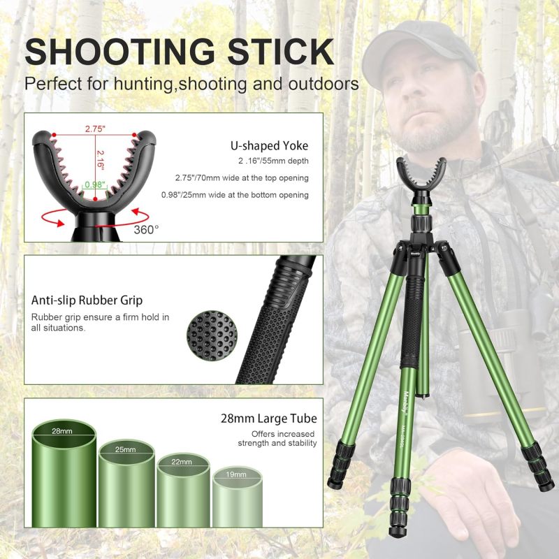 Hunting Tripod, Manbily Shooting Stick Tripod for Hunting, 73" Aluminum Tripod Stand with Removeable U-Shaped Shooting Rest-Green