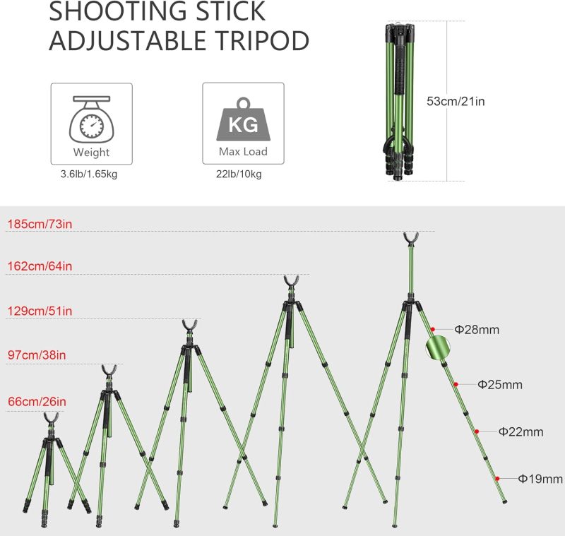 Hunting Tripod, Manbily Shooting Stick Tripod for Hunting, 73" Aluminum Tripod Stand with Removeable U-Shaped Shooting Rest-Green