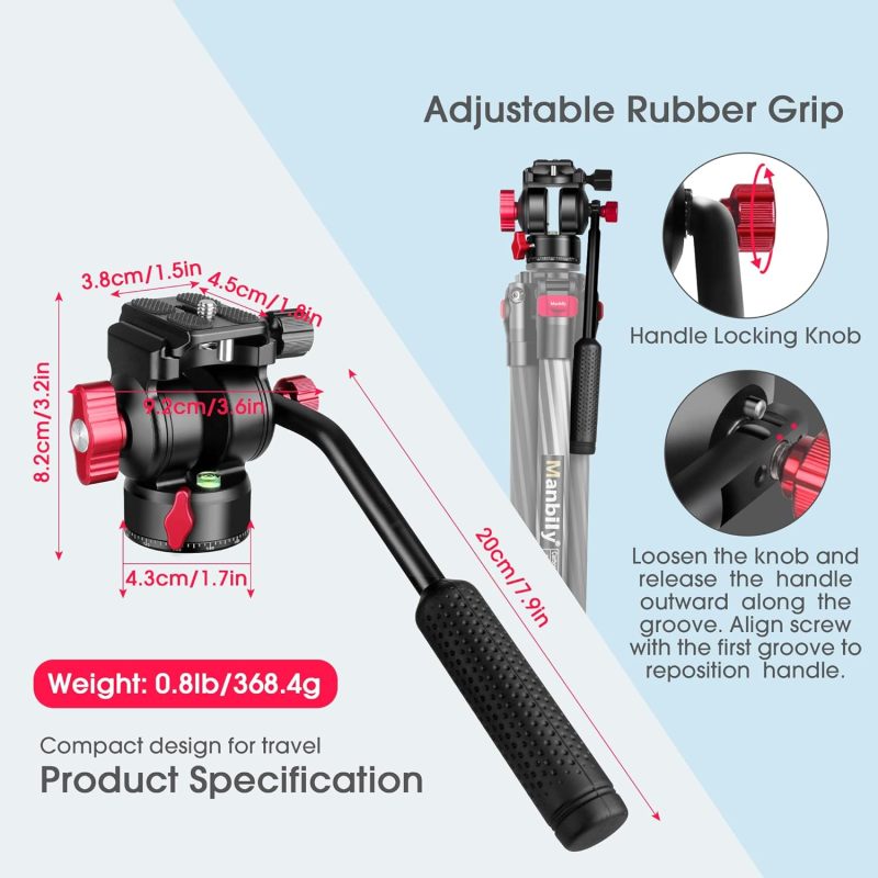 Manbily Camera Video Tripod Fluid Head Drag Pan Tilt Ball Head with Arca Type Quick Release Plate and Handle, for Monopod Compact Camera Camcorder Filming Vlogging Live