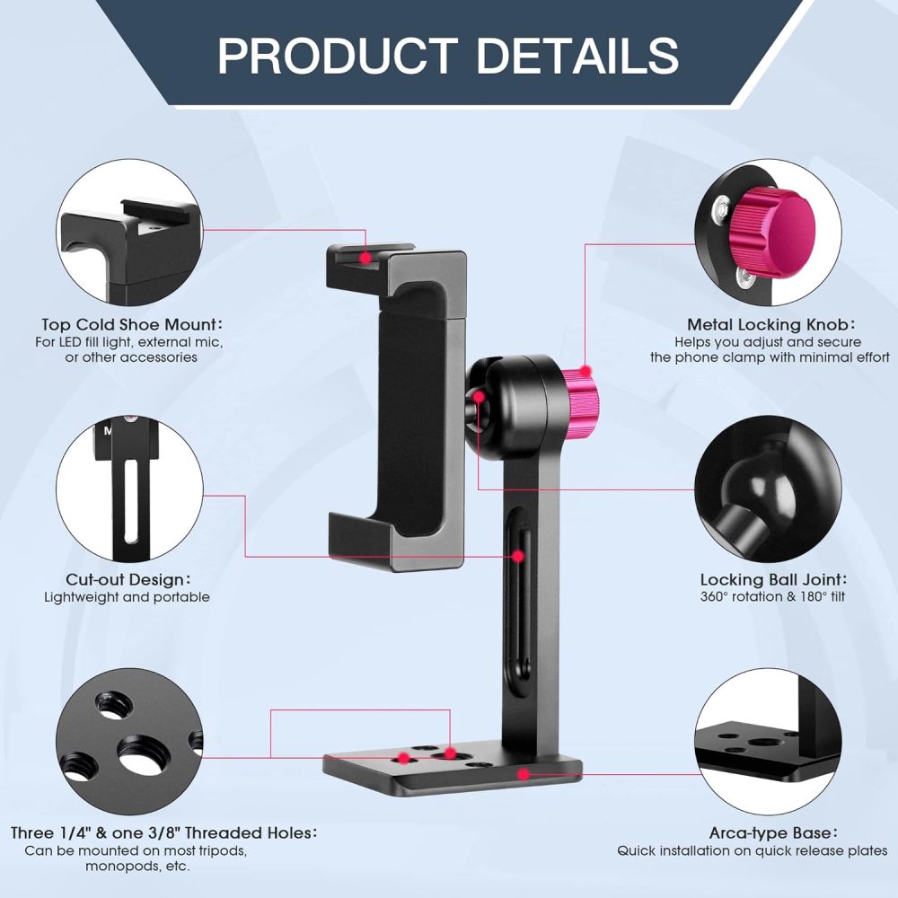 Manbily Phone Tripod Mount Adapter with Cold Shoe, Metal Aluminum Smartphone Tripod Holder 360° Cell Phone Clip for iPhone Samsung Video Live Vlog