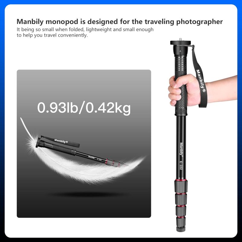 Manbily 65-Inch Camera Monopod, 5 Sections Aluminum Travel Monopod for Canon Nikon Sony DSLR Cameras Video Camcorder, Compact Portable Monopod Lightweight Walking Trekking Stick（E-222）