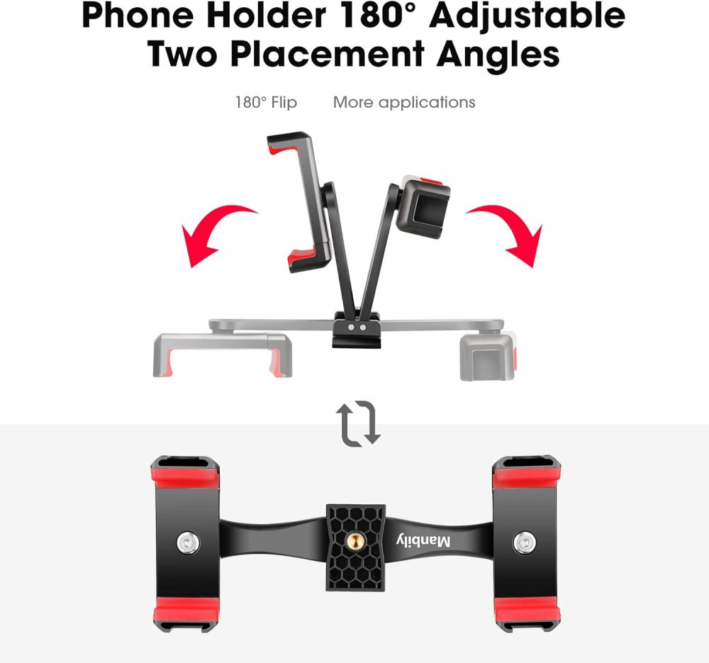 Manbily Phone Tripod Mount Adapter,360° Rotatable Dual Cell Phone Holder Clip,Adjustable Clamp with 4 Cold Shoe, 1/4'' Screw Fits Tripod Monopod Selfie Stick,for Vlog Live Streaming Video Recording