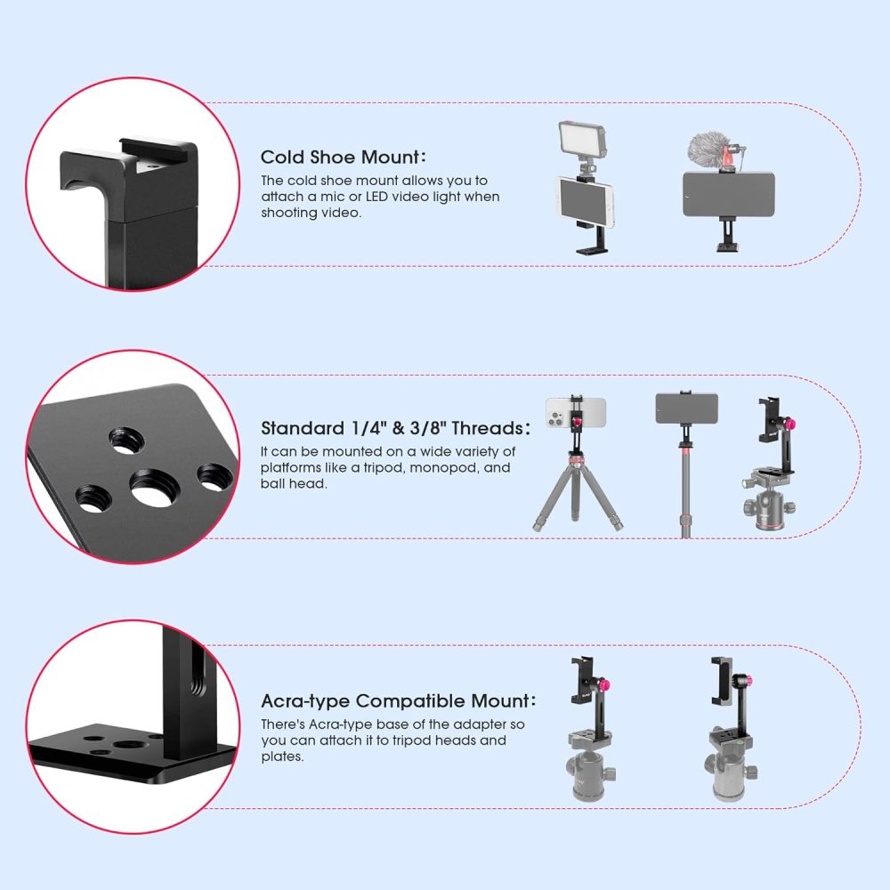 Manbily Phone Tripod Mount Adapter with Cold Shoe, Metal Aluminum Smartphone Tripod Holder 360° Cell Phone Clip for iPhone Samsung Video Live Vlog