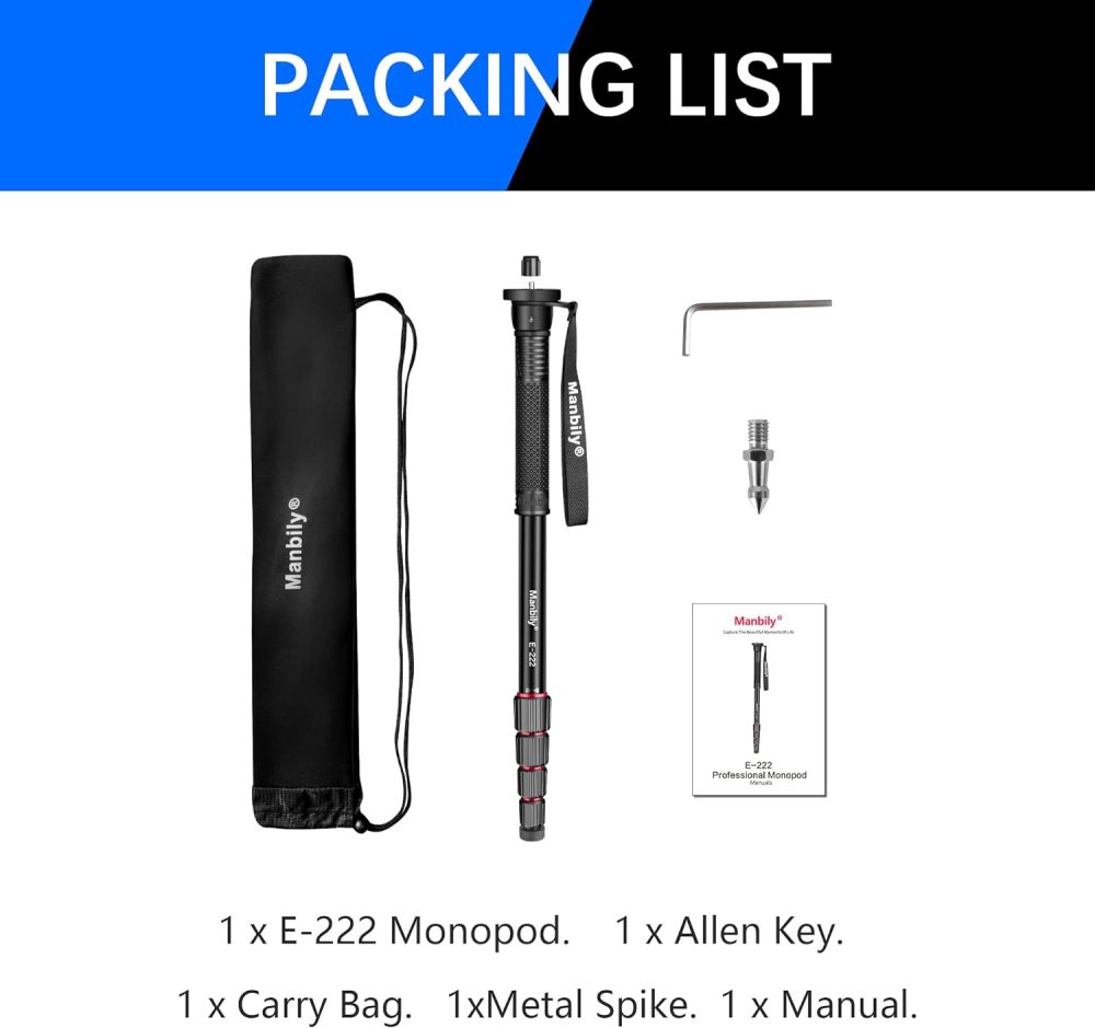 Manbily 65-Inch Camera Monopod, 5 Sections Aluminum Travel Monopod for Canon Nikon Sony DSLR Cameras Video Camcorder, Compact Portable Monopod Lightweight Walking Trekking Stick（E-222）