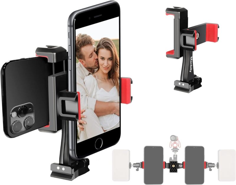 Manbily Phone Tripod Mount Adapter,360° Rotatable Dual Cell Phone Holder Clip,Adjustable Clamp with 4 Cold Shoe, 1/4'' Screw Fits Tripod Monopod Selfie Stick,for Vlog Live Streaming Video Recording