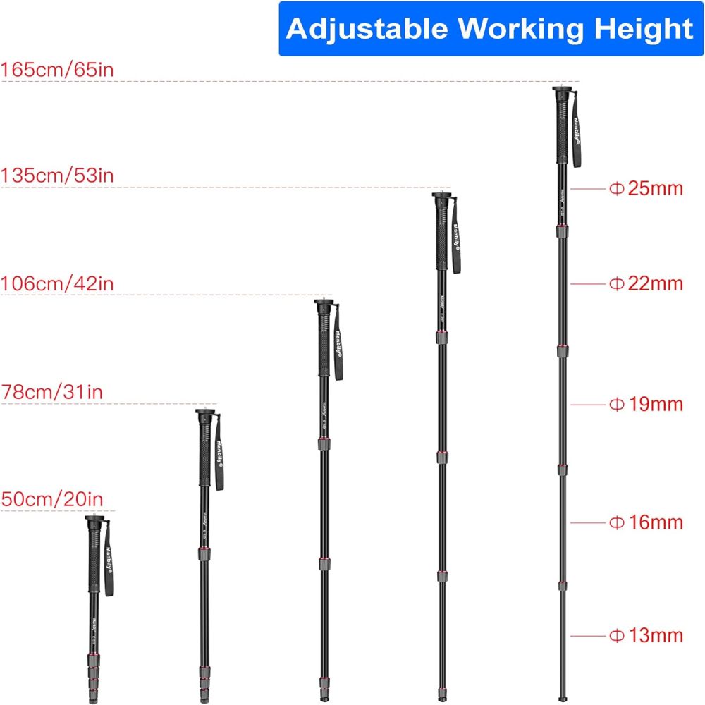 Manbily 65-Inch Camera Monopod, 5 Sections Aluminum Travel Monopod for Canon Nikon Sony DSLR Cameras Video Camcorder, Compact Portable Monopod Lightweight Walking Trekking Stick（E-222）