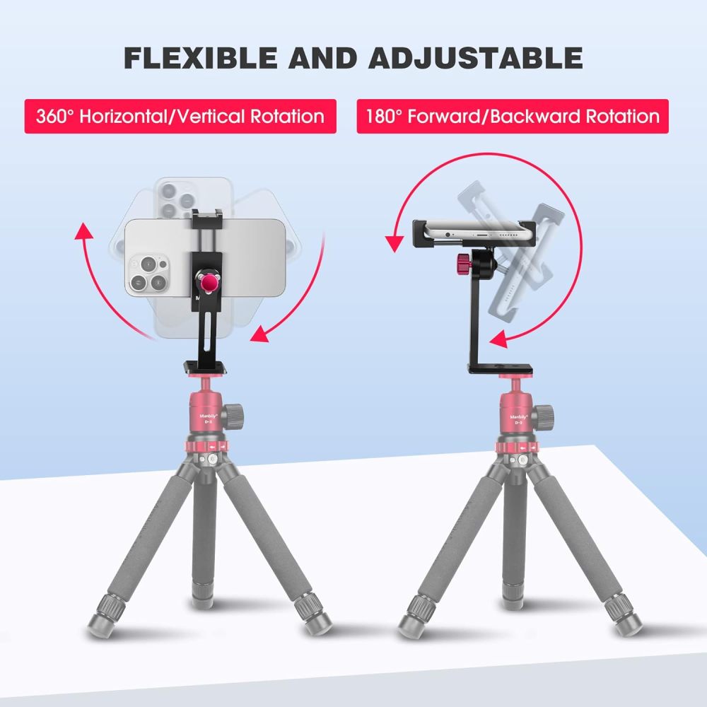 Manbily Phone Tripod Mount Adapter with Cold Shoe, Metal Aluminum Smartphone Tripod Holder 360° Cell Phone Clip for iPhone Samsung Video Live Vlog