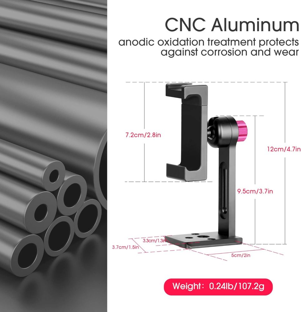 Manbily Phone Tripod Mount Adapter with Cold Shoe, Metal Aluminum Smartphone Tripod Holder 360° Cell Phone Clip for iPhone Samsung Video Live Vlog