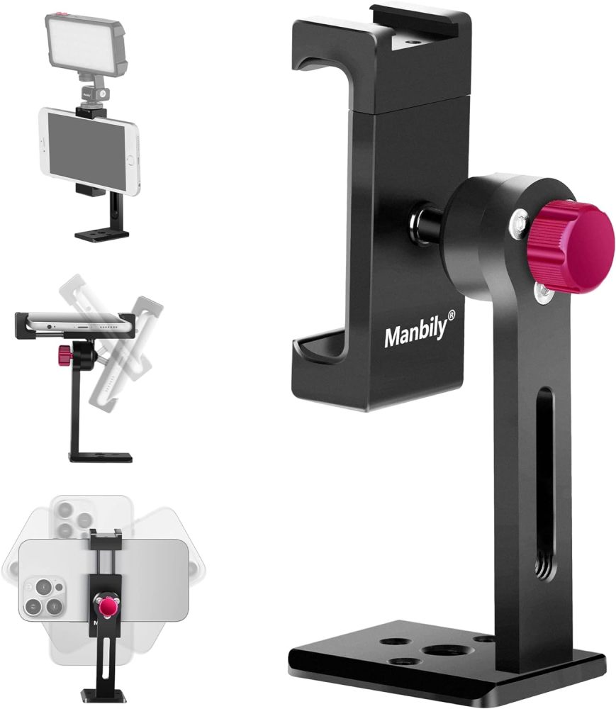 Manbily Phone Tripod Mount Adapter with Cold Shoe, Metal Aluminum Smartphone Tripod Holder 360° Cell Phone Clip for iPhone Samsung Video Live Vlog