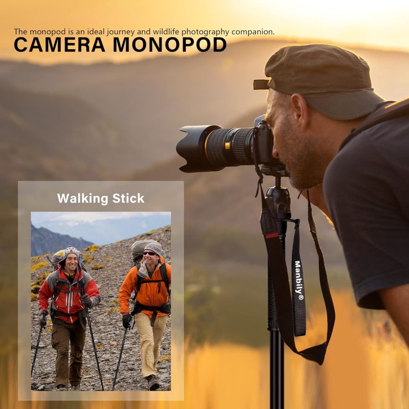 Manbily 65-Inch Camera Monopod, 5 Sections Aluminum Travel Monopod for Canon Nikon Sony DSLR Cameras Video Camcorder, Compact Portable Monopod Lightweight Walking Trekking Stick（E-222）