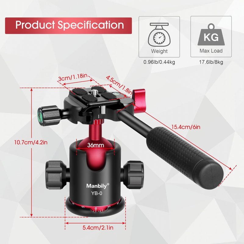 Ball Head, Manbily Tripod Ball Head with Handle, Pan Tilt Head with 1/4" Quick Release Plate, 360° Rotating Panoramic Metal Monopod Ball Head for DSLR Camera