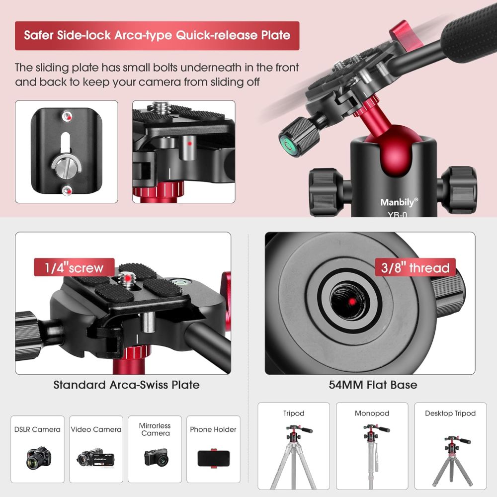 Ball Head, Manbily Tripod Ball Head with Handle, Pan Tilt Head with 1/4" Quick Release Plate, 360° Rotating Panoramic Metal Monopod Ball Head for DSLR Camera