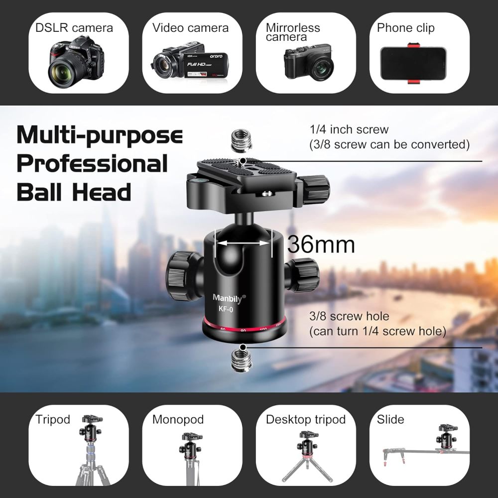 Ball Head Manbily Tripod Head Metal Aluminum Body 360° Panoramic Monopod Head with Extra Arca Swiss Quick Release Plate, Load up to 17.6lbs/8kg,Camera Head for DSLR, Camcorder, Slider (Red)