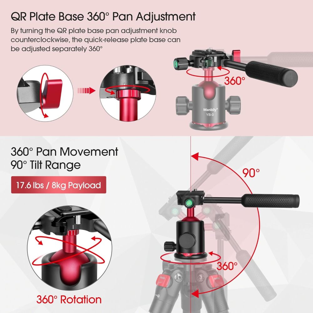 Ball Head, Manbily Tripod Ball Head with Handle, Pan Tilt Head with 1/4" Quick Release Plate, 360° Rotating Panoramic Metal Monopod Ball Head for DSLR Camera