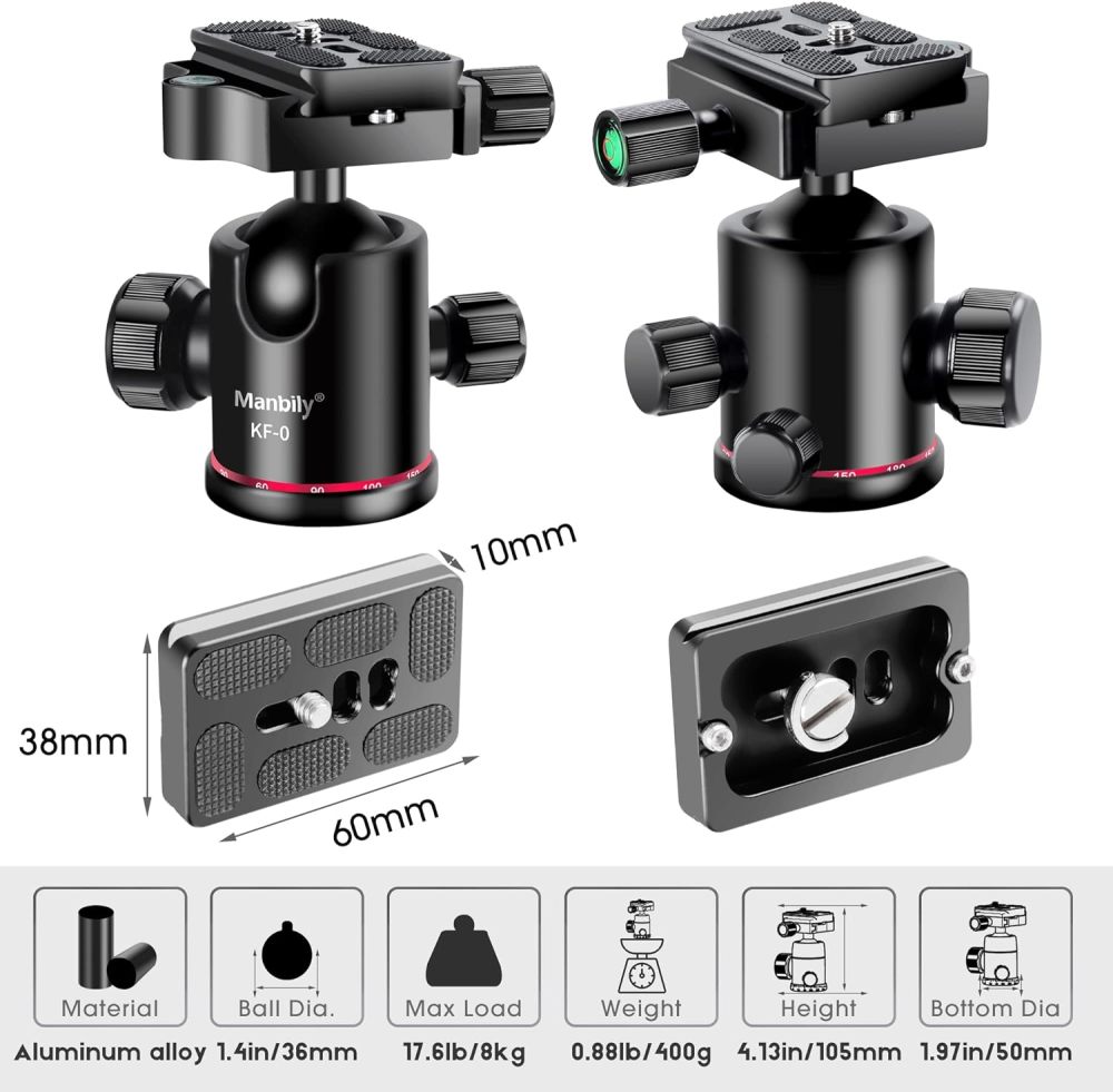 Ball Head Manbily Tripod Head Metal Aluminum Body 360° Panoramic Monopod Head with Extra Arca Swiss Quick Release Plate, Load up to 17.6lbs/8kg,Camera Head for DSLR, Camcorder, Slider (Red)