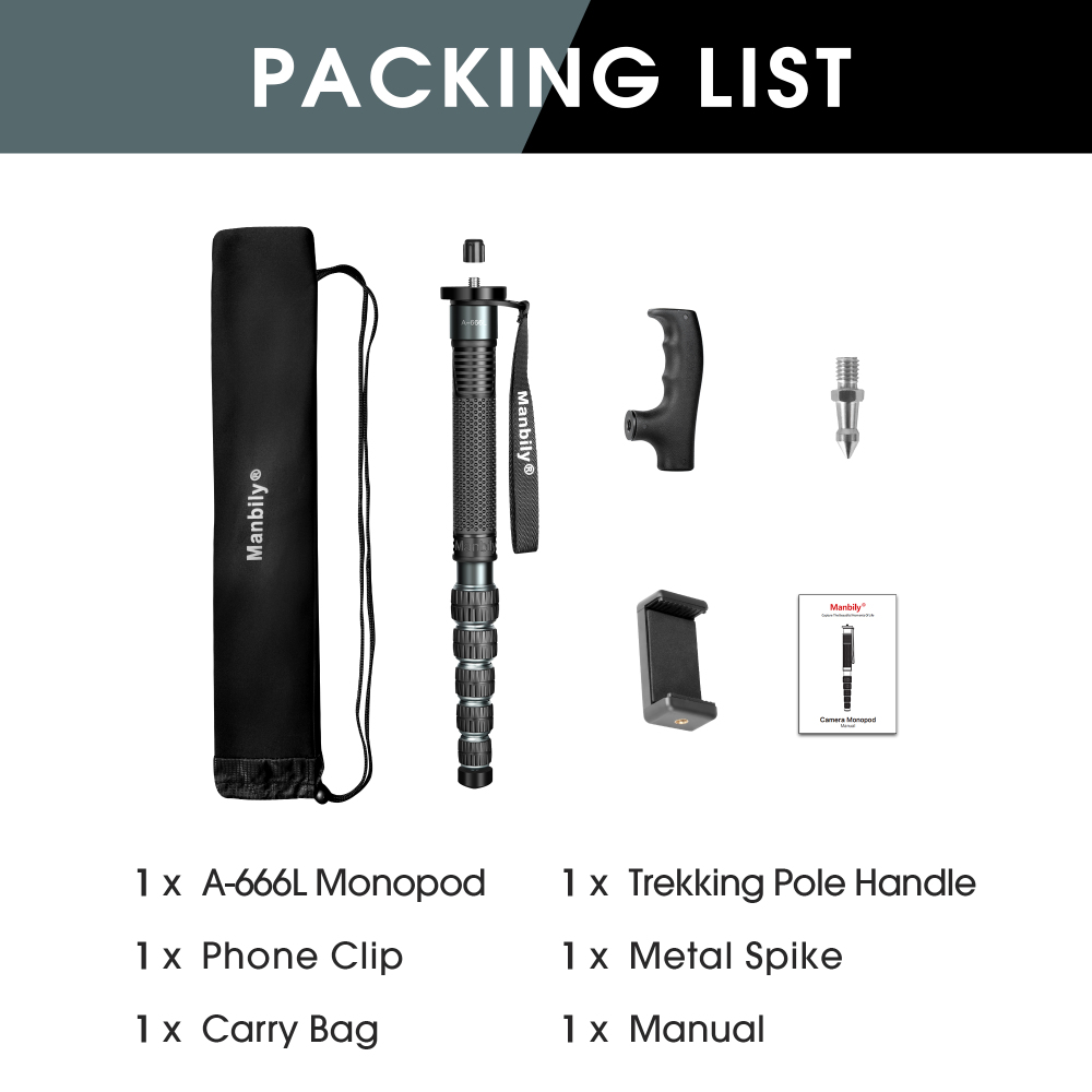 Manbily Camera Monopod Aluminum Alloy 32mm Tube, Max. 33lbs