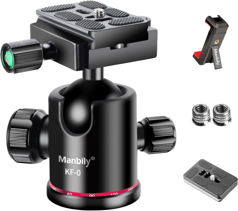 Ball Head Manbily Tripod Head Metal Aluminum Body 360° Panoramic Monopod Head with Extra Arca Swiss Quick Release Plate, Load up to 17.6lbs/8kg,Camera Head for DSLR, Camcorder, Slider (Red)