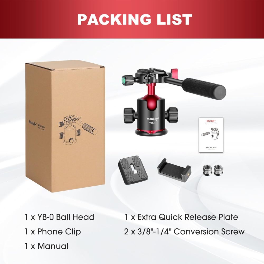 Ball Head, Manbily Tripod Ball Head with Handle, Pan Tilt Head with 1/4" Quick Release Plate, 360° Rotating Panoramic Metal Monopod Ball Head for DSLR Camera