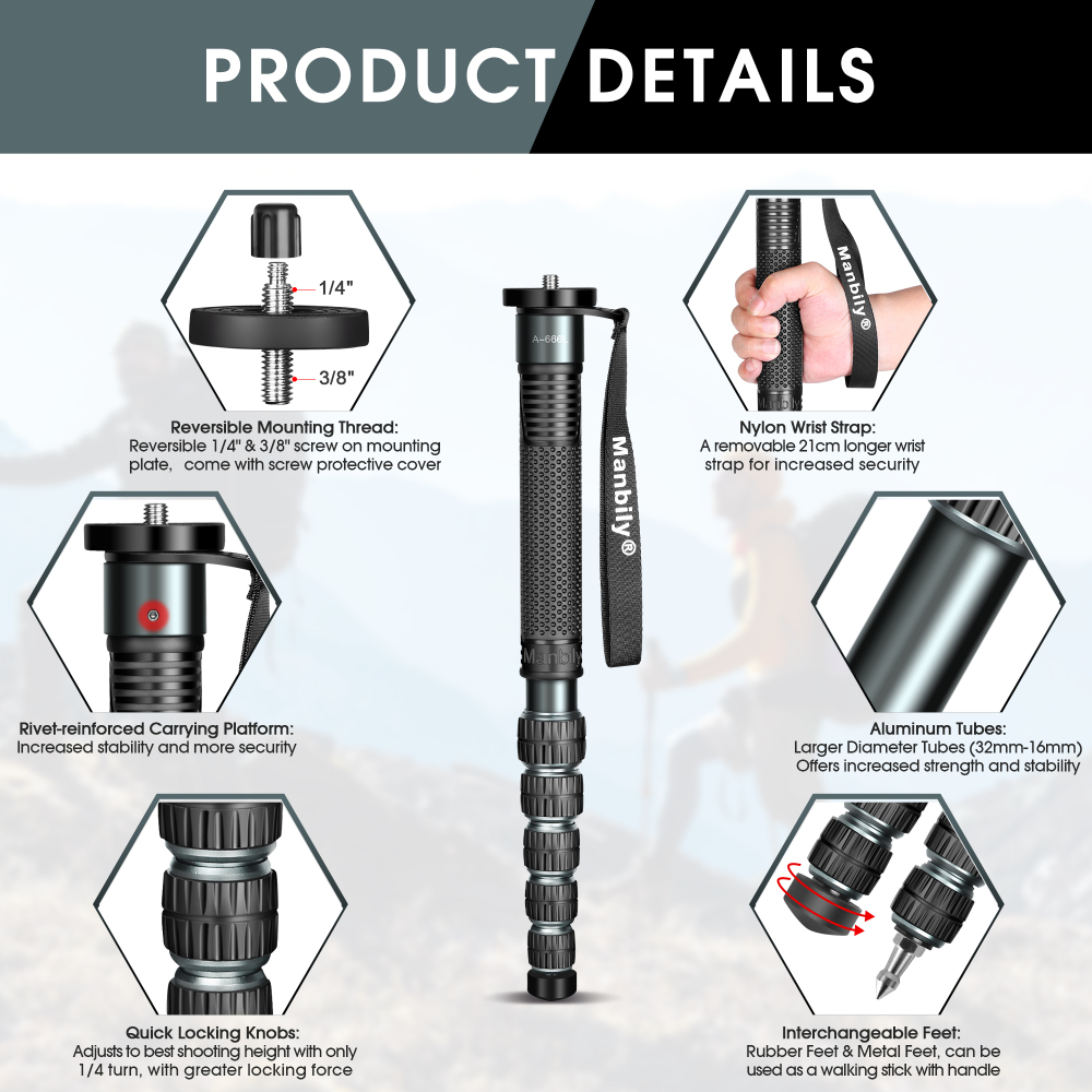 Manbily Camera Monopod Aluminum Alloy 32mm Tube, Max. 33lbs
