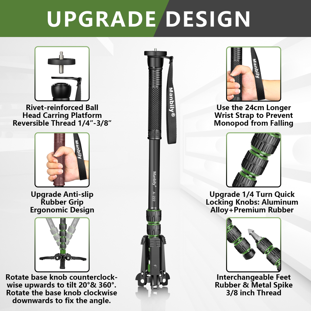 Manbily Camera Monopod with Feet, A-222 (RED/GREEN）
