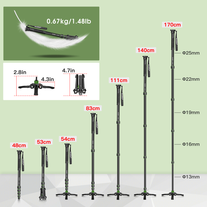 Manbily Camera Monopod with Feet, A-222 (RED/GREEN）