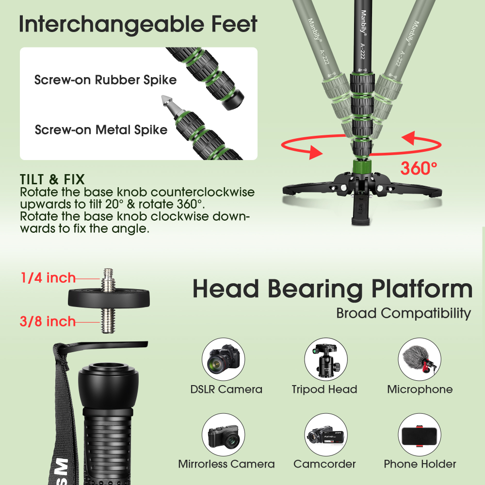 Manbily Camera Monopod with Feet, A-222 (RED/GREEN）