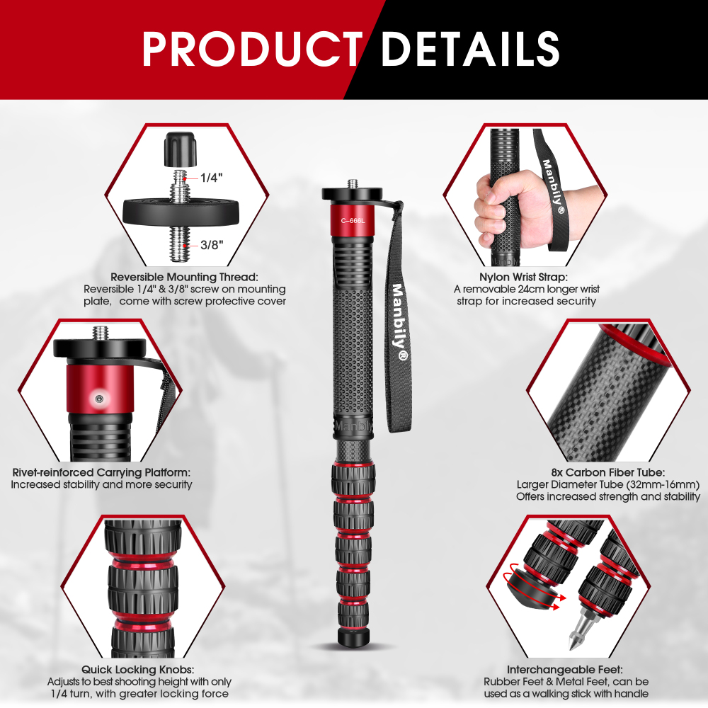 Manbily Camera Monopod Carbon Fiber 32mm Tube, Max. 33lbs (RED) C-666L