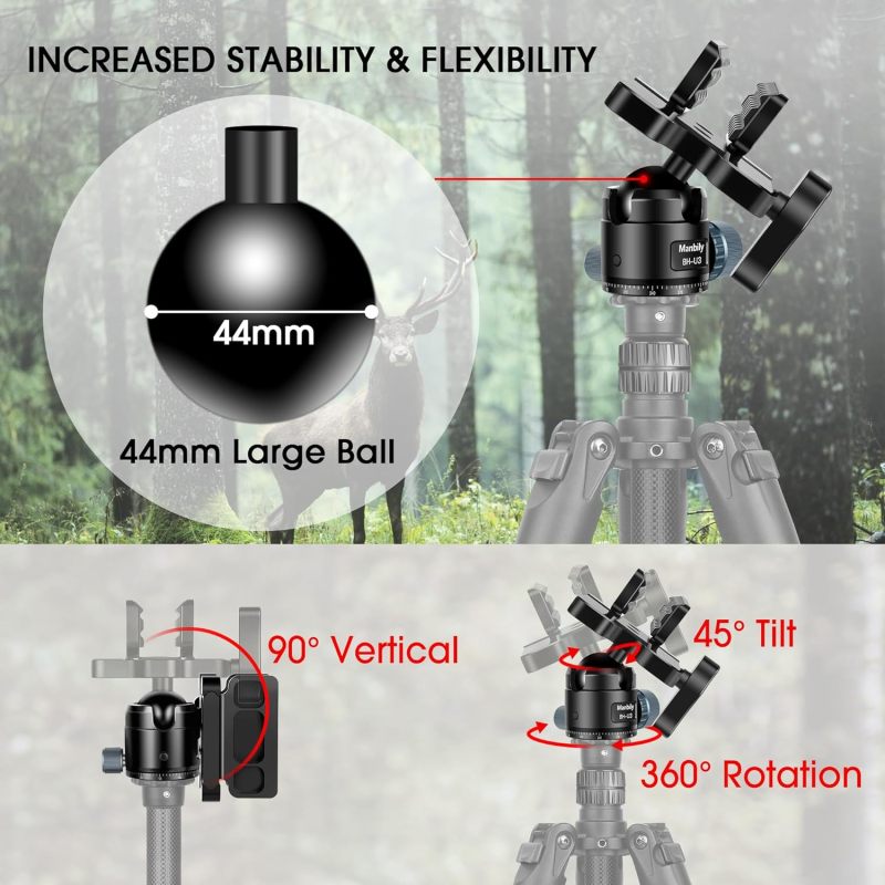 Manbily Shooting Saddle with 360° Ball Head, Aluminum Construction, Universal Rest Clamp for Hunting Shooting Stick Tripod, 44mm Large Ball, 44lbs/20kg Load Capacity, Black