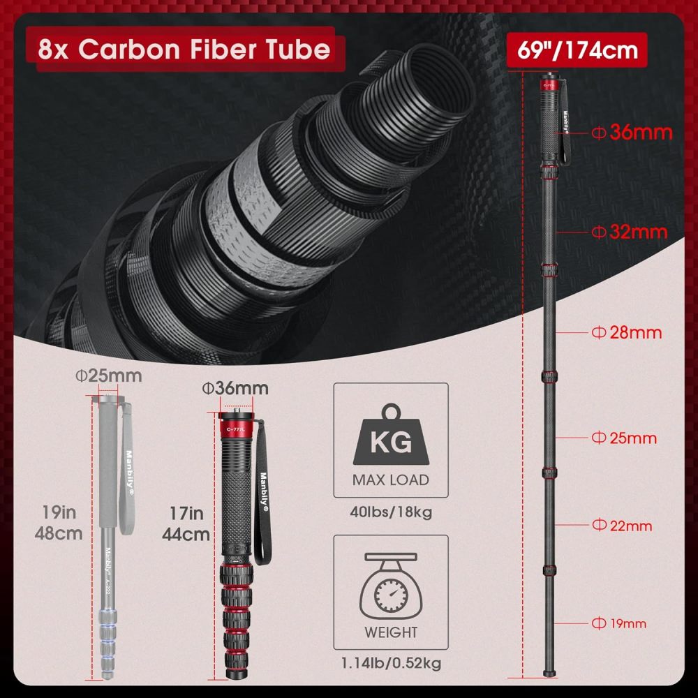 Manbily Monopod for Camera, C-777L 36mm Tube Carbon Fiber Camera Monopod with Walking Stick Handle, Portable Compact Lightweight Travel Monopod for DSLR Cameras