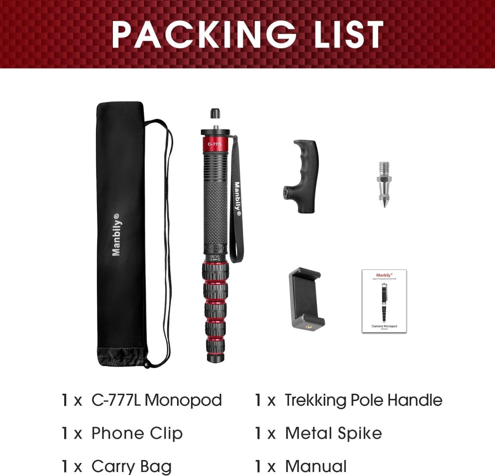 Manbily Monopod for Camera, C-777L 36mm Tube Carbon Fiber Camera Monopod with Walking Stick Handle, Portable Compact Lightweight Travel Monopod for DSLR Cameras