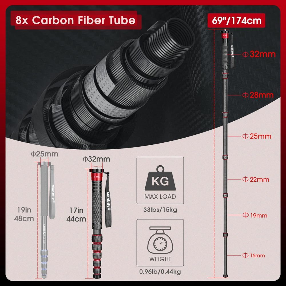 Manbily Camera Monopod Carbon Fiber 32mm Tube, Max. 33lbs (RED) C-666L