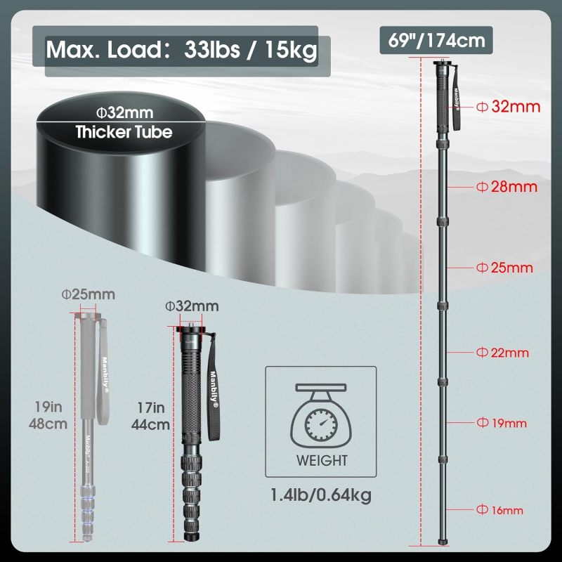 Manbily Camera Monopod Aluminum Alloy 32mm Tube, Max. 33lbs (GRAY) A-666L