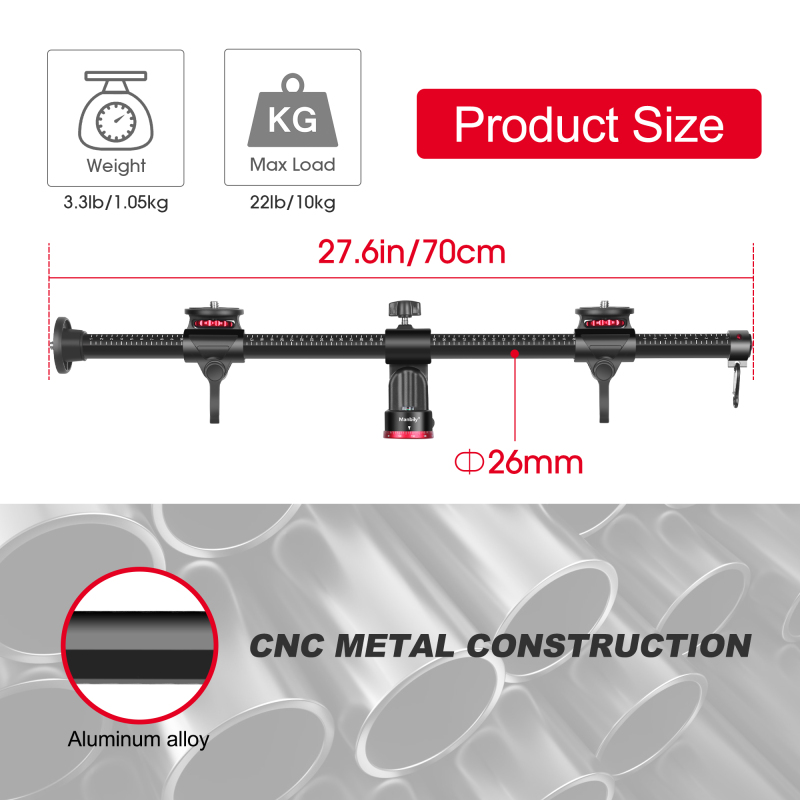 Manbily Tripod Extension Arm, 27.6&quot; Horizontal Tripod Centre Column, Aluminum Tripod Accessory Bar 360° Rotatable Tripod Boom Arm, ZW-70