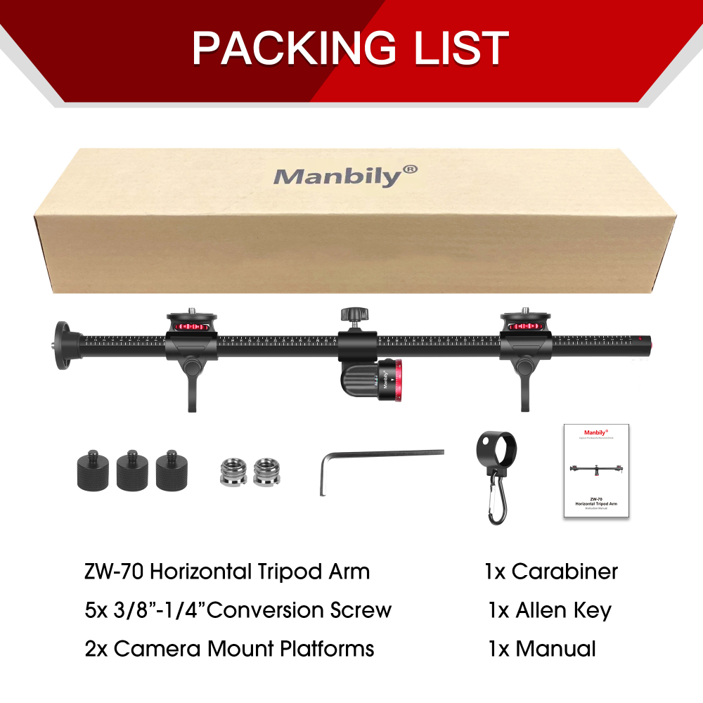 Manbily Tripod Extension Arm, 27.6" Horizontal Tripod Centre Column, Aluminum Tripod Accessory Bar 360° Rotatable Tripod Boom Arm, ZW-70