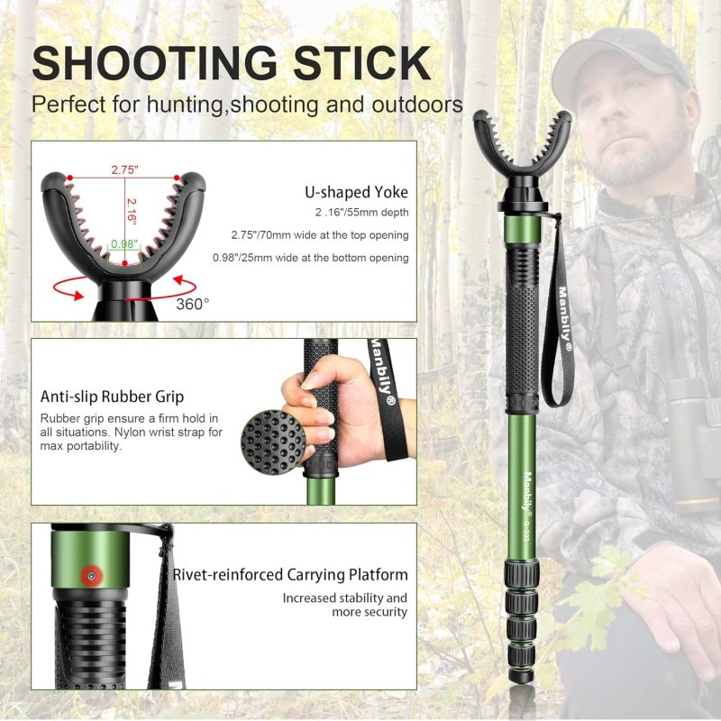 Manbily Shooting Monopod for Hunting, Aluminum Stand with U Shaped Rest Head and Walking Stick Handle, up to 68 inch-Green (No Base)