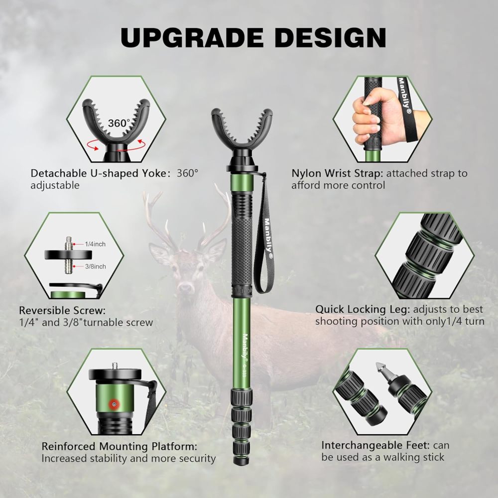 Manbily Shooting Monopod for Hunting, Aluminum Stand with U Shaped Rest Head and Walking Stick Handle, up to 68 inch-Green (No Base)