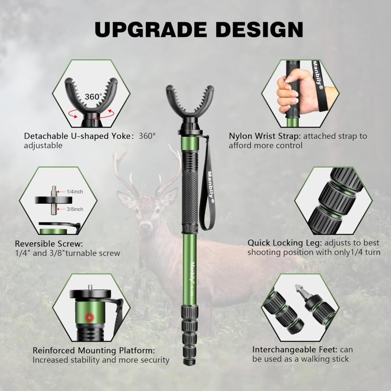 Manbily Shooting Monopod for Hunting, Aluminum Stand with U Shaped Rest Head and Walking Stick Handle, up to 68 inch-Green (No Base)